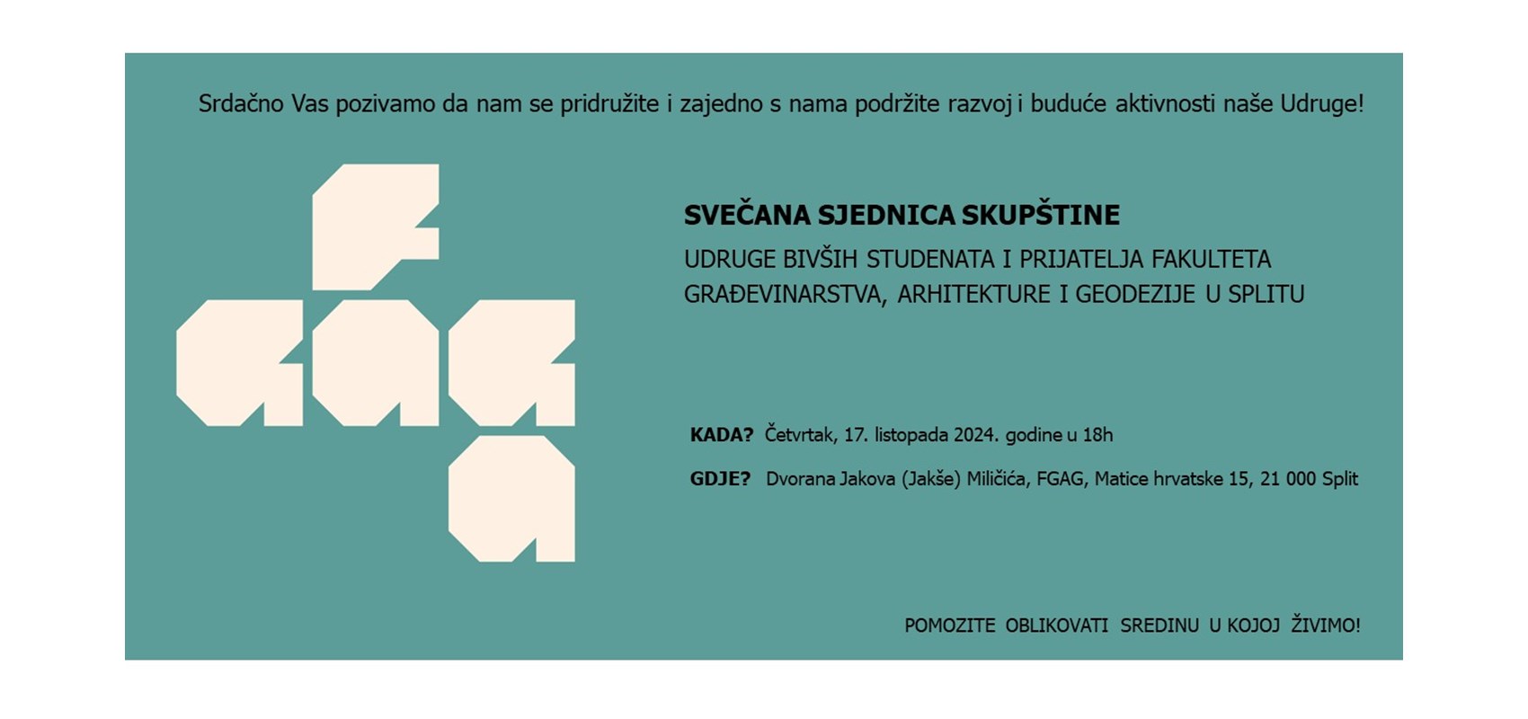 Poziv na svečanu sjednicu Skupštine Alumni udruge F-GAGA (Fakulteta građevinarstva, arhitekture i geodezije)